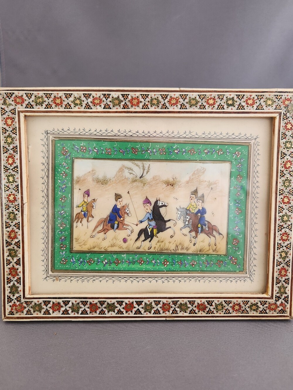 Hand-Painted Miniature Persian Scene Khatam Marquetry Framed Artwork